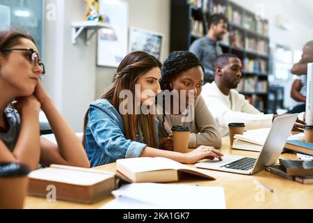 Zwei junge Frauen, die in einer Universitätsbibliothek zusammen einen Laptop benutzen. Stockfoto