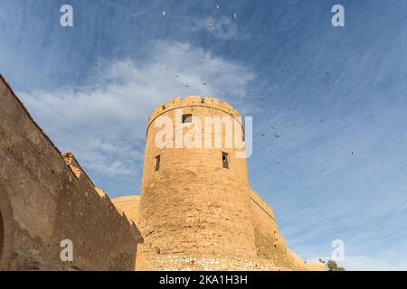 Almeria Spanien - 09 14 2021: Blick auf die Außenfassade Festungsturm an der Alcazaba von Almería, Alcazaba y Murallas del Cerro de San Cristóbal, für Stockfoto