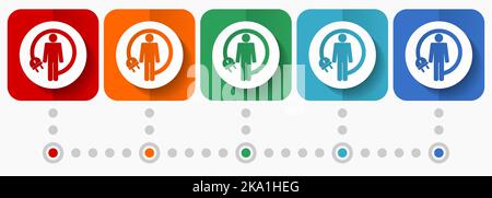 Android-Ladekabel, humanoide Roboter-Vektor-Symbole, Infografik-Vorlage, Satz flacher Design-Symbole in 5 Farboptionen Stock Vektor