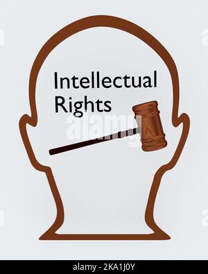 3D Darstellung der Kopfsilhouette mit einem Richtergavel und der Schrift Intellectual Rights Stockfoto