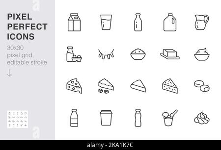 Symbol für die Linie „Molkereiprodukte“ gesetzt. Krug, Kefir, Eier, Kuheuder, Quark, Flasche, Joghurt, Cheddar minimale Vektordarstellung. Einfaches Umrisszeichen Stock Vektor
