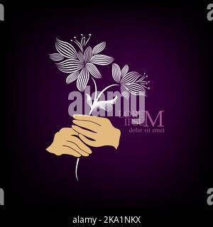 Violette Postkarte. Weiße Blume in der Hand. Grußkarte. Vektorgrafik Stock Vektor
