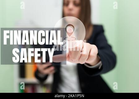 Schreiben mit Anzeige von Text finanzielle Sicherheit. Konzept Bedeutung visuelles Bild wie Diagramm verwendet, um Informationen Geschäftsfrau Holding Cellphone darstellen Stockfoto