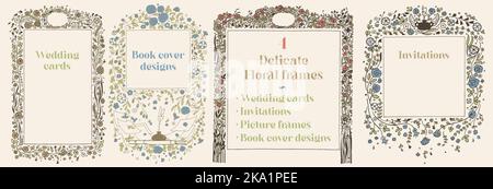 Zarte Vintage-Blumenrahmen. Set mit 4. Designelemente für Hochzeitseinladungen, Speisekarten, Buchumschläge, Einladungen und Bilderrahmen. Stock Vektor