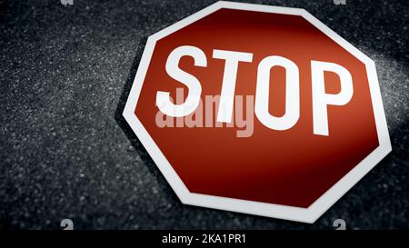 3D-Illustration eines Achteck-Straßenschildes mit weißer Stoppbeschriftung auf Asphalt Stockfoto