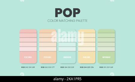 Farbpalette in Pop-Farbthemen-Kollektionen. Diagrammvorlage für Farbschema oder Farben. Farbkombination aus RGB-, HSL- und HEX-Code. Vektor Stock Vektor
