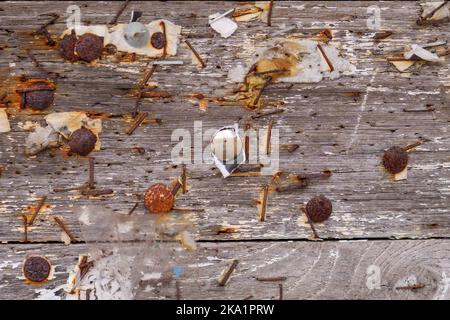 Alte städtische Anschlagtafel mit zerrissenen Papierfetzen und Clips. Abstrakte Ansicht. Mess-Konzept Stockfoto