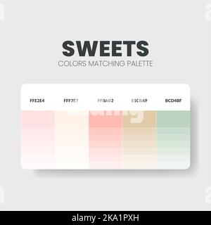Farbgebung für Süßigkeiten. Farbtrends-Kombinationen und Palettenübersicht. Beispiel für Tabellenfarbtöne in RGB und HEX. Farbmuster für Mode, Zuhause, Interi Stock Vektor