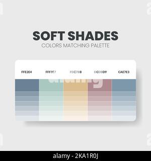 Farbpalette in Soft Shades Farbthemen-Kollektionen. Diagrammvorlage für Farbschema oder Farben. Farbkombination aus RGB-, HSL- und HEX-Code. Vektor Stock Vektor