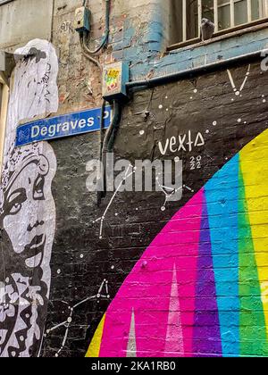 Die Straßenkunst scheint die urbane Tierwelt in dieser Melbourner Gasse zu missbilligen. Stockfoto