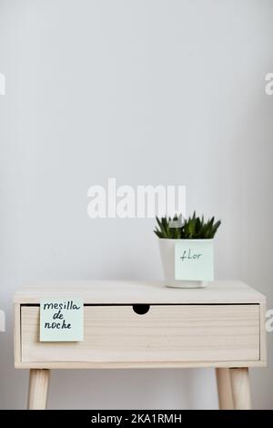 Fremdwörter auf Notizbüchern, die auf einem kleinen weißen Blumentopf mit grüner Hauspflanze und einem an der Wand stehenden Nachttisch aus Holz stehen Stockfoto