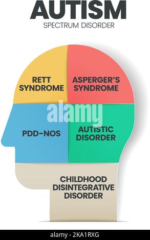 Infografik zur Darstellung von Autismus-Spektrum-Störungen (ASD) mit Symbolen hat 5 Schritte wie Rett-Syndrom, Asperger-Syndrom, PDD-NOS, Autistic Stock Vektor