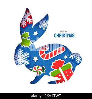 Grußkarte zum Weihnachtshase. Frohes neues Jahr und Frohe Weihnachten. Winterurlaub Papier Handwerk Stil. Blue Bunny Rahmen - süße Lollipop und Geschenk Stock Vektor