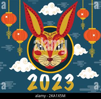 Frohes chinesisches neues Jahr 2023 Jahr des KaninchenTierkreiszeichens. Übersetzung : Frohes neues Jahr Stock Vektor