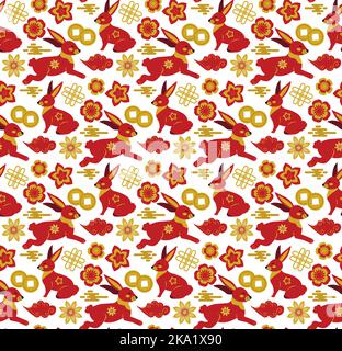 Happy Chinese New Year nahtloses Muster, Jahr des schwarzen Kaninchens 2023 endlose Textur, Hintergrund. Stock Vektor
