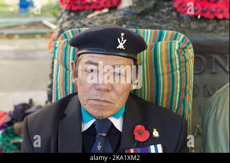 Gyanraj Rai trat am 7. 2013. November aus Protest gegen die Behandlung von Gurkhas durch die britische Regierung, Whitehall London, in einen Hungerstreik bis zum Tod. Stockfoto