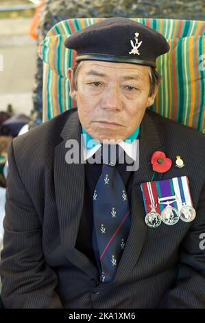 Gyanraj Rai trat am 7. 2013. November aus Protest gegen die Behandlung von Gurkhas durch die britische Regierung, Whitehall London, in einen Hungerstreik bis zum Tod. Stockfoto