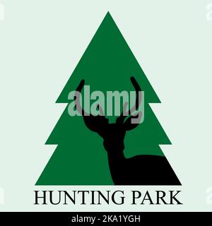 Jagdpark-Ikone mit Hirsch-Silhouette und Tannenbaum Stock Vektor