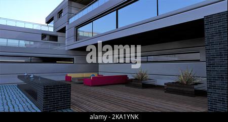 Platz zum Ausruhen im Innenhof eines modernen flachen Büros. Bequeme Sofas und Tisch. Autorenbar mit Pouffes. Vasen mit exotischen Pflanzen. 3D Rend Stockfoto