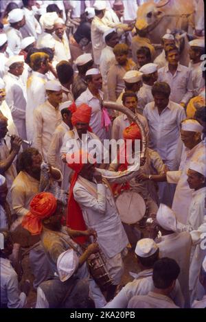 Bail Pola ist ein Dankfest, das von den Bauern in Maharashtra gefeiert wird, um die Bedeutung von Stieren und Ochsen anzuerkennen, die ein entscheidender Teil der Landwirtschaft und Landwirtschaft sind. Während der Pola arbeiten die Bauern ihre Bullen nicht auf dem Ackerland, zur Vorbereitung auf das Fest werden die Bullen gewaschen und mit Ölen massiert. Sie sind mit Schals, Glocken und Blumen geschmückt, ihre Hörner sind farbig und sie bekommen neue Zügel und Seile. Die geschmückten Stiere und Ochsen werden in einer Prozession zum Dorffeld begleitet von Musik und Tanz geführt. Stockfoto