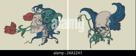 Totenkopf und Rosen Kunst. Tattoo, T-Shirt und Grunge Grafik. Stock Vektor