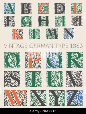 Vintage-Schrift, Schriftart, Alphabet Capitals. Für Etiketten und verschiedene Typendesigns. Aus der deutschen Typengießerei Genzsch und Heyse gegründet im Jahr 1833 Stock Vektor