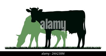 Kühe grasen. Bildsilhouette. Haustiere auf dem Bauernhof. Tiere für Milch und Milchprodukte. Isoliert auf weißem Hintergrund. Vektor Stock Vektor