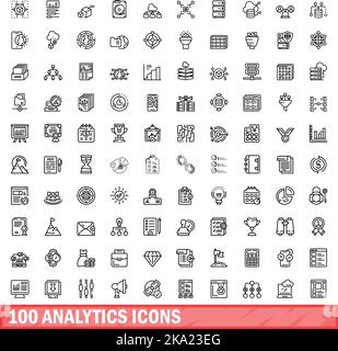 100 Symbole für Analysen festgelegt. Skizzieren Sie die Darstellung von 100 Analytics-Symbolen, Vektorset isoliert auf weißem Hintergrund Stock Vektor
