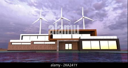 Smart House mit einem See auf dem Gebiet eines Windparks. Gewitterwolken und drei Windturbinen im Hintergrund. 3D Rendern. Stockfoto