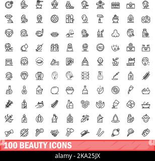 100 Beauty-Ikonen-Set. Skizzieren Sie die Darstellung von 100 Vektorbildern für Schönheit, die isoliert auf weißem Hintergrund gesetzt wurden Stock Vektor