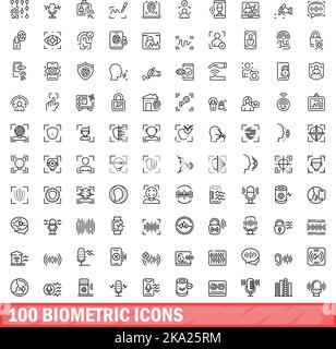 100 biometrische Symbole eingestellt. Skizzieren Sie die Darstellung von 100 biometrischen Symbolen, die auf weißem Hintergrund isoliert sind Stock Vektor