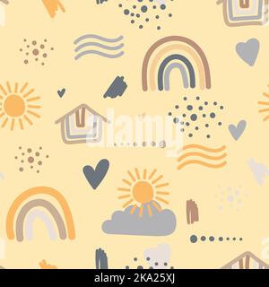 Niedliche illustrierte Boho Rainbow Illustration mit Herzen und Haus Wolken Sonne. Blasse Farben. Scandianvian Stil nahtlose Muster Stock Vektor
