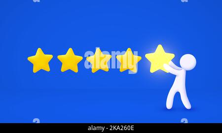3D weißer Cartoon-Mann zeigt fünf Goldsterne Bewertung. Feedback-Konzept. Isolierter blauer Hintergrund. Vektorgrafik Stock Vektor