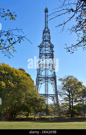 British Telecom-Funkmast mit verschiedenen Satellitenschüsseln und Antennen mit zugehörigen Ausrüstungsgebäuden in ländlicher Umgebung in Essex, Großbritannien Stockfoto