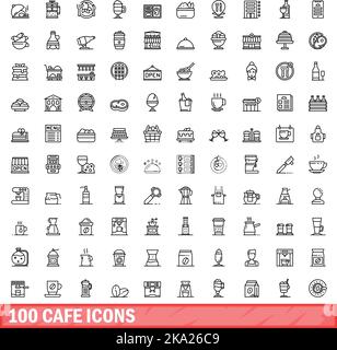 100 Cafe-Icons gesetzt. Skizzieren Sie die Darstellung von 100 Cafe-Symbolen, die auf weißem Hintergrund isoliert sind Stock Vektor
