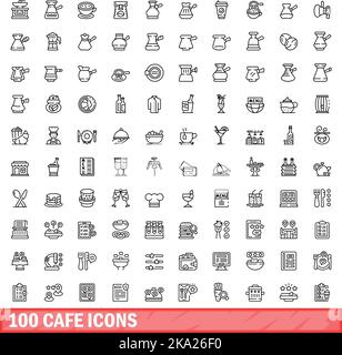 100 Cafe-Icons gesetzt. Skizzieren Sie die Darstellung von 100 Cafe-Symbolen, die auf weißem Hintergrund isoliert sind Stock Vektor