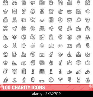 100 Charity-Symbole eingestellt. Skizzieren Sie die Darstellung von 100 karitativen Symbolen, die auf weißem Hintergrund isoliert sind Stock Vektor