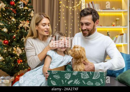 Weihnachtsgeschenk Überraschung. Die Eltern gaben ihrer Tochter einen kleinen Hund für das neue Jahr. Papa hält eine Schachtel mit einem Geschenk, Mama schließt die Augen des Kindes. Sie sitzen zu Hause in der Nähe des Weihnachtsbaums. Stockfoto