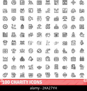 100 Charity-Symbole eingestellt. Skizzieren Sie die Darstellung von 100 karitativen Symbolen, die auf weißem Hintergrund isoliert sind Stock Vektor