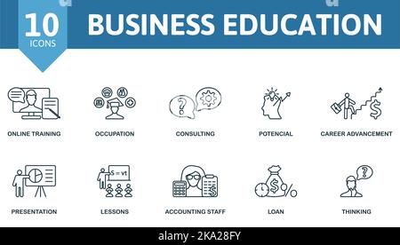 Business Education-Symbolsatz. Monochrom Simple Business Education Icon Kollektion. Online Training, Beruf, Beratung, Potential, Karriere Stock Vektor