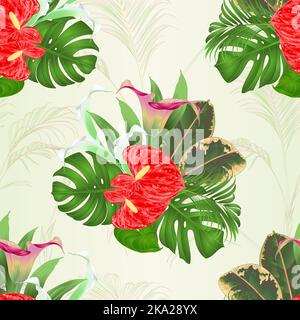 Nahtlose Textur Bouquet mit tropischen Blumen Blumenarrangement, mit schönen Lilien Cala und Anthurium, Palm, Philodendron und Ficus vintage vecto Stock Vektor