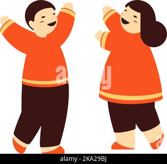 Überglücklich chinesisches Mädchen und Junge in Nationalkostüm jubeln mit Anhebung Hände minimalistischen Vektor flache Illustration. Glückliche asiatische Kinder in ethnischen cl Stock Vektor