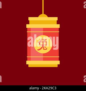 Chinesisches Neujahr 2023 von Kaninchen rote Papier Laterne auf String zylindrische Lampe Hieroglyph Vektor flache Abbildung. Asiatische traditionelle Glück Beleuchtung l Stock Vektor