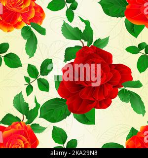 Nahtlose Textur Stamm Blume roten und orangen Rosen und Blätter vintage Vektor Illustration editierbar Handzeichnen Stock Vektor
