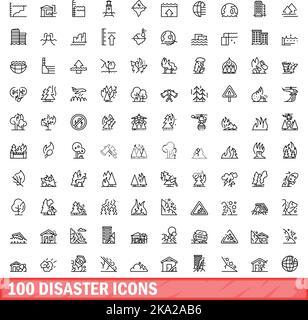 100 Notfallsymbole eingestellt. Skizzieren Sie die Darstellung von 100 Katastrophensymbolen, die auf weißem Hintergrund isoliert sind Stock Vektor