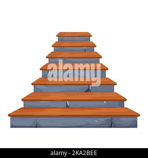 Steinmärchen-Treppe mit Holzdekor, mittelalterliche antike Architektur im Cartoon-Stil isoliert auf weißem Hintergrund mit Rissen, gebrochenen Elementen. Spielelement, Designelement. Vektorgrafik Stock Vektor