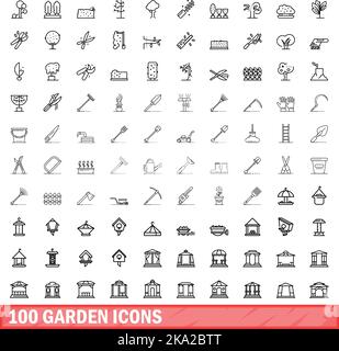 100 Garten-Ikonen-Set. Skizzieren Sie die Darstellung von 100 Garten-Symbole Vektor-Set isoliert auf weißem Hintergrund Stock Vektor