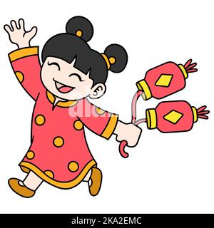 Ein Vektor einer Chinesin namens Ling Ling feiert das chinesische Neujahr mit Laternen und kawaii-Symbolbild Stock Vektor