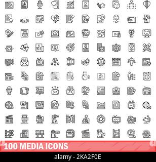 100 Mediensymbole eingestellt. Umrissende Darstellung von 100 Mediensymbolen Vektorset isoliert auf weißem Hintergrund Stock Vektor