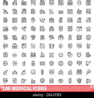 100 medizinische Symbole eingestellt. Skizzieren Sie die Darstellung von 100 medizinischen Symbolen, Vektorset isoliert auf weißem Hintergrund Stock Vektor